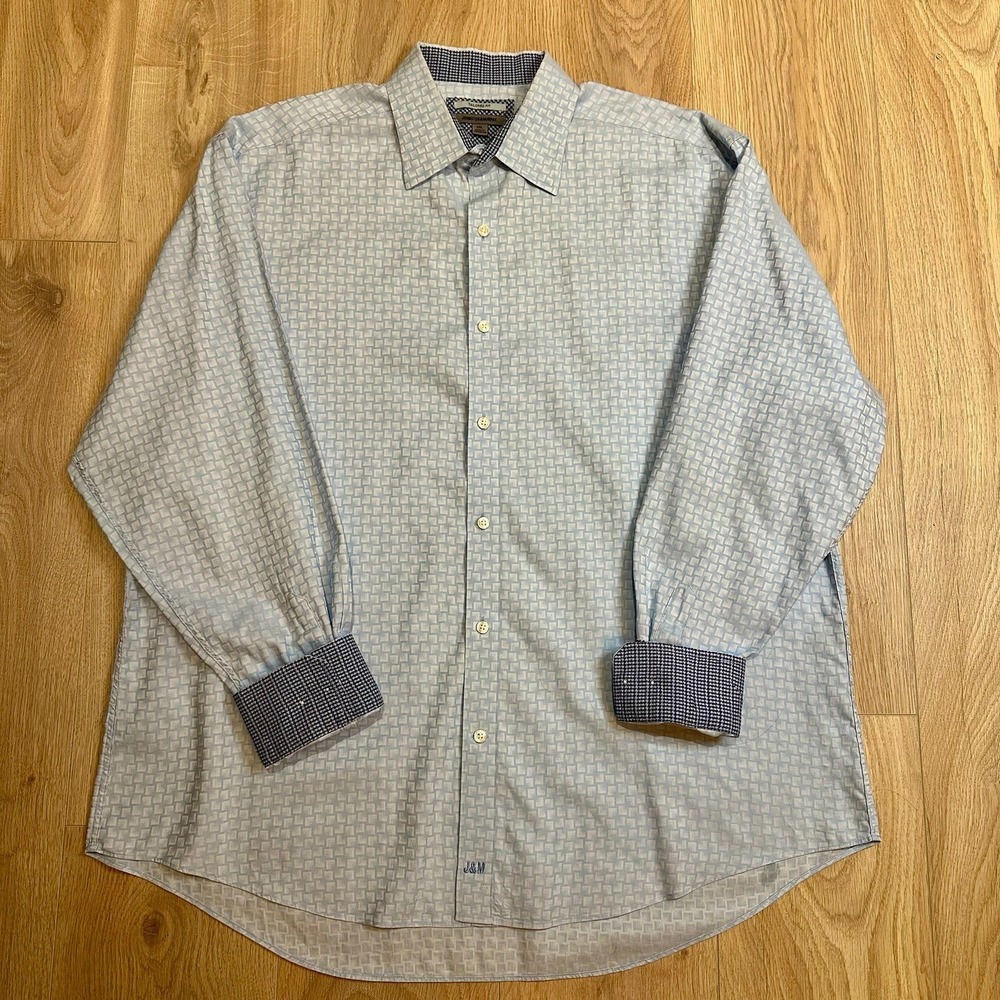 Johnston &‎ Murphy Geometric Dress Shirt XXL Blue Trim Flip Cuff Tailored Fit